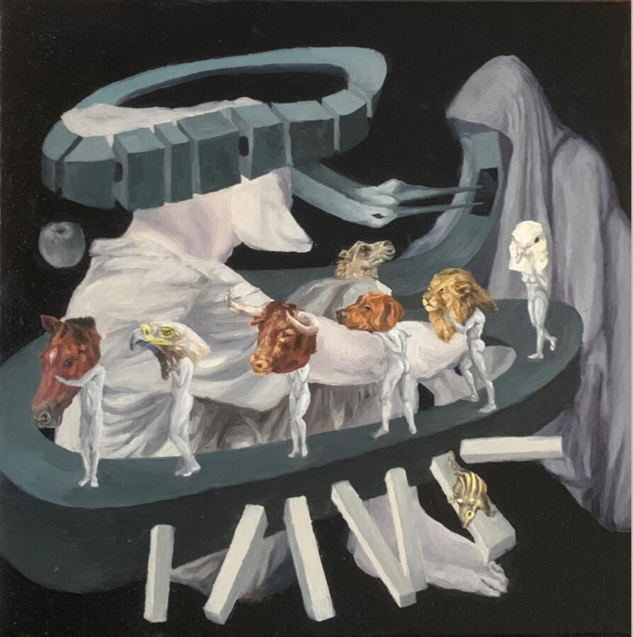 « Đoàn rước vô hình », 2023, sơn dầu, 30 x 30 cm, Bộ Sưu tập cá nhân, Việt Nam.