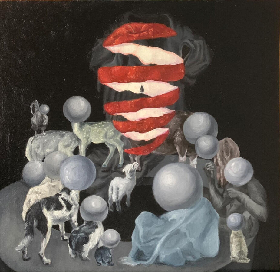 « Đây không phải là những cái đầu tròn » 2023, sơn dầu trên bìa bồi vải, 30 x 30 cm.