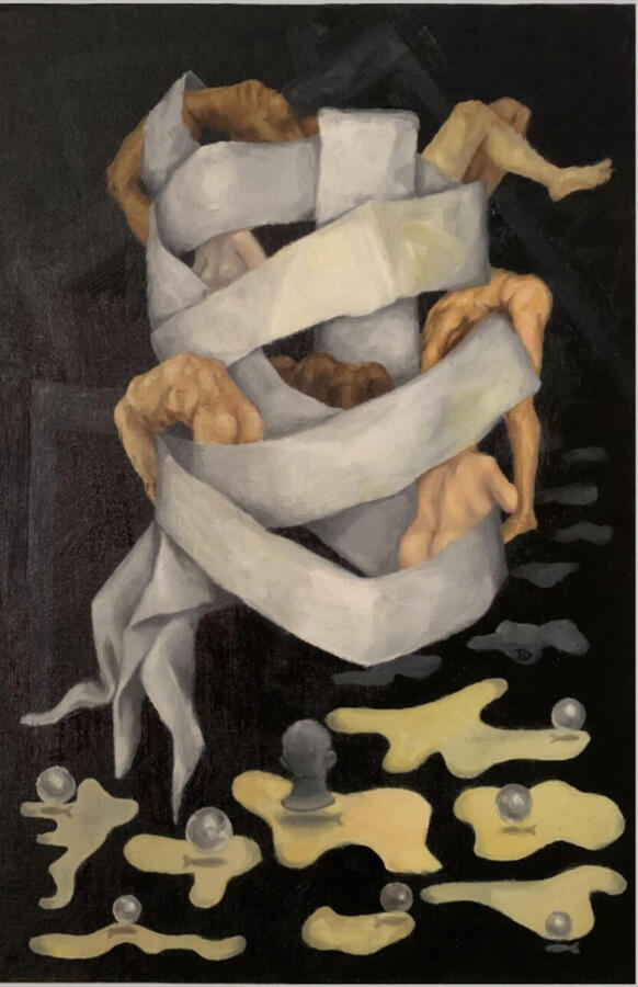 « Cái tôi và con số bảy », 2022, sơn dầu trên bìa bồi vải, 27 x 41 cm.