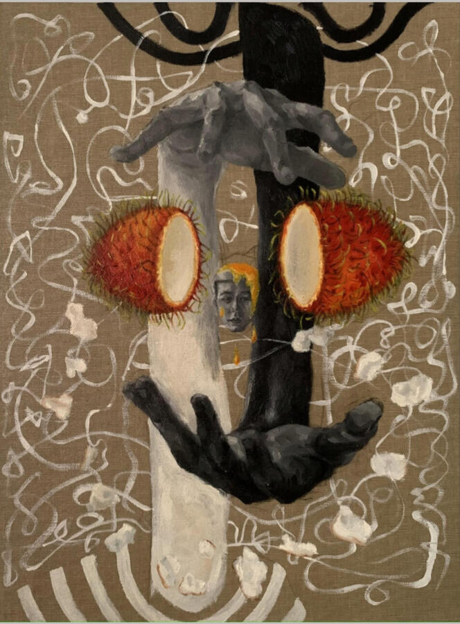 « Quả chôm chôm lạ » / « Sự sinh ra của cái tôi », 2022, Sơn dầu trên bìa bồi vải, 30x40 cm.