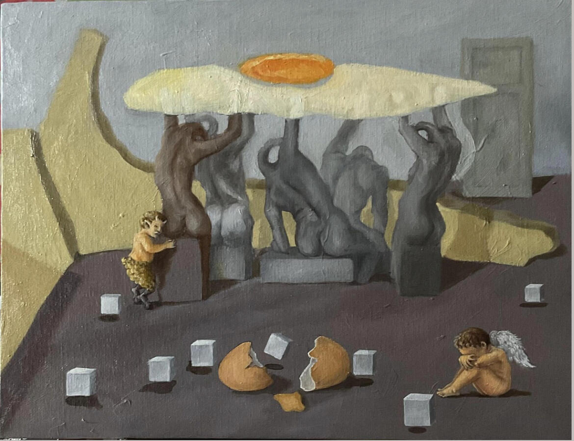 « Tình bạn trẻ nhỏ », 2021, sơn dầu trên bìa bồi vải, 27 x 35 cm.